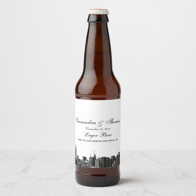 NYC Wide Skyline Etched BW Beer Flaska-etikett Ölflaska Etikett (Framsida)