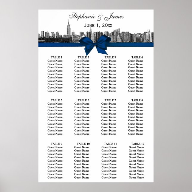 NYC Wide Skyline Etched BW Blue Bow Sittdiagram Poster (Framsidan)