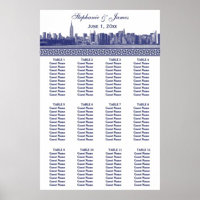 NYC Wide Skyline Etched BW Blue Grekiska Nyckel S Poster (Framsidan)