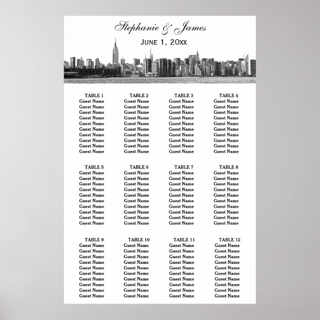 NYC Wide Skyline Etched BW Bröllop Poster (Framsidan)