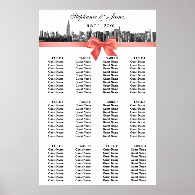 NYC Wide Skyline Etched BW Coral Bow Poster (Framsidan)
