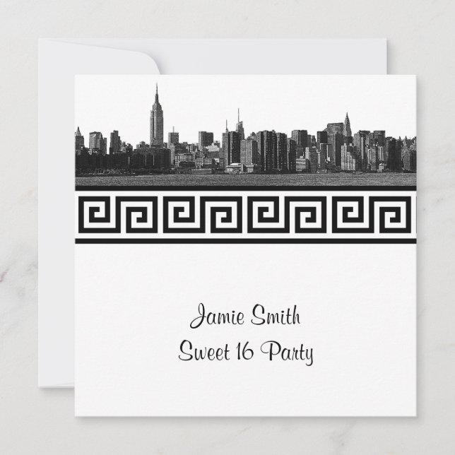 NYC Wide Skyline Etched BW GK Sweet sixteen SQ Inbjudningar (Framsida)