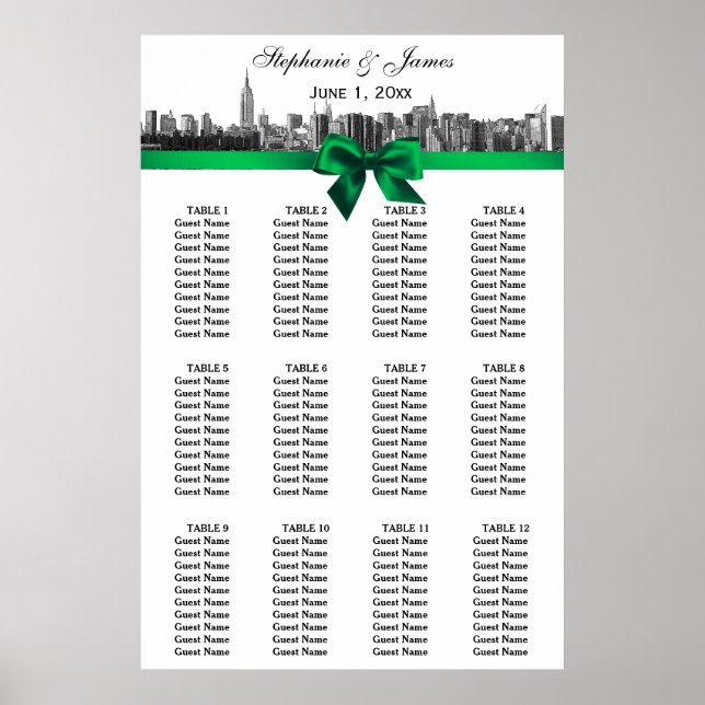 NYC Wide Skyline Etched BW Grönt Bow Sittdiagram Poster (Framsidan)