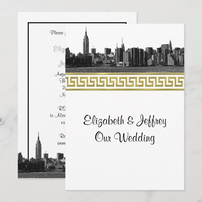 NYC Wide Skyline Etched BW Guld GK #5 Bröllop Inbjudningar (Fram/baksida)