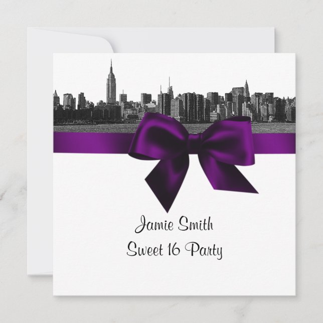 NYC Wide Skyline Etched BW Lila Sweet sixteen SQ Inbjudningar (Framsida)