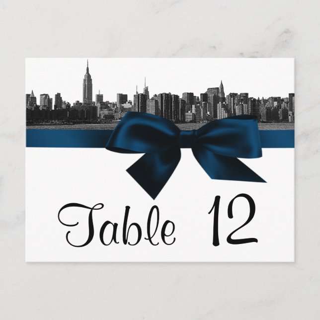 NYC Wide Skyline Etched BW Navy Blue-Bordsnummer Vykort (Framsida)