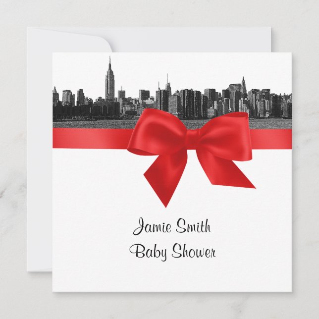 NYC Wide Skyline Etched BW Red Baby Shower SQ Inbjudningar (Framsida)
