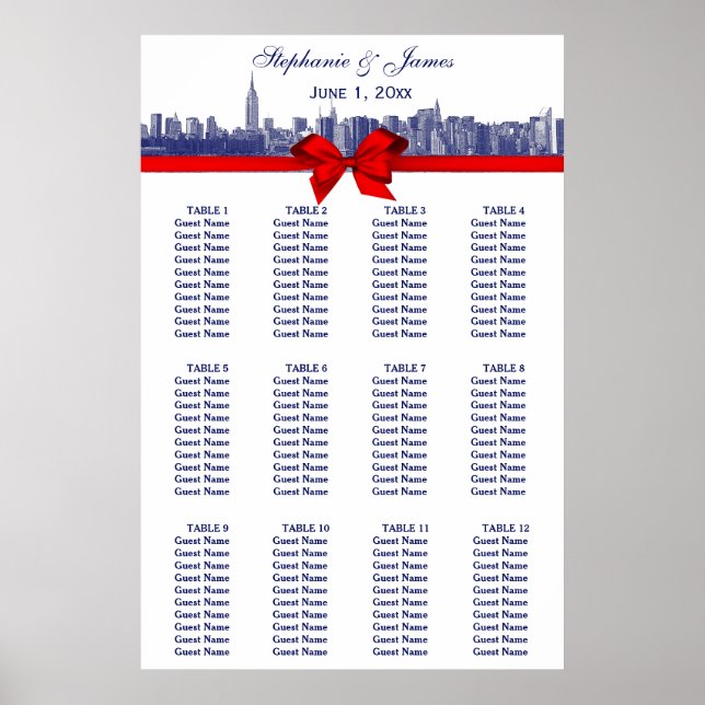 NYC Wide Skyline Etched BW Red Bow Blue Poster (Framsidan)