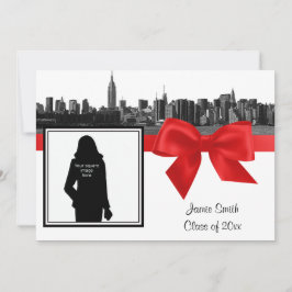 NYC Wide Skyline Etched BW Red Photo Studenten Inbjudningar
