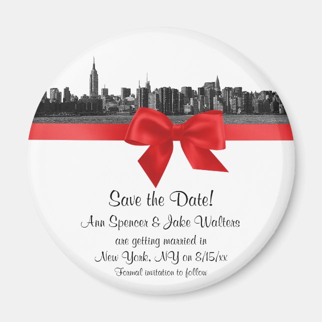 NYC Wide Skyline Etched BW Red Save Date R Magnet (Framsidan)