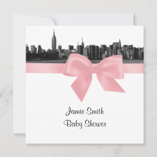 NYC Wide Skyline Etched BW Rosa Baby Shower SQ Inbjudningar