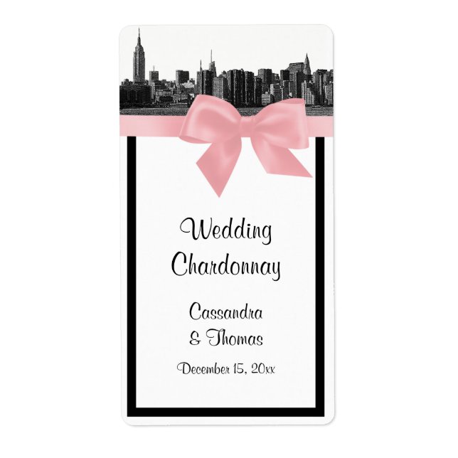 NYC Wide Skyline Etched BW Rosa Vin-etikett Fraktsedel (Framsidan)