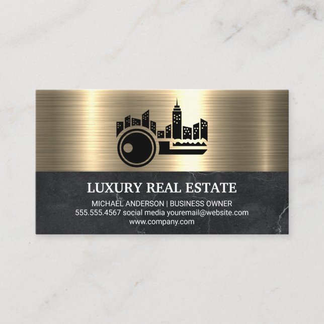 Nyckel City Logotyp Metallic Guld Marble Visitkort (Framsida)
