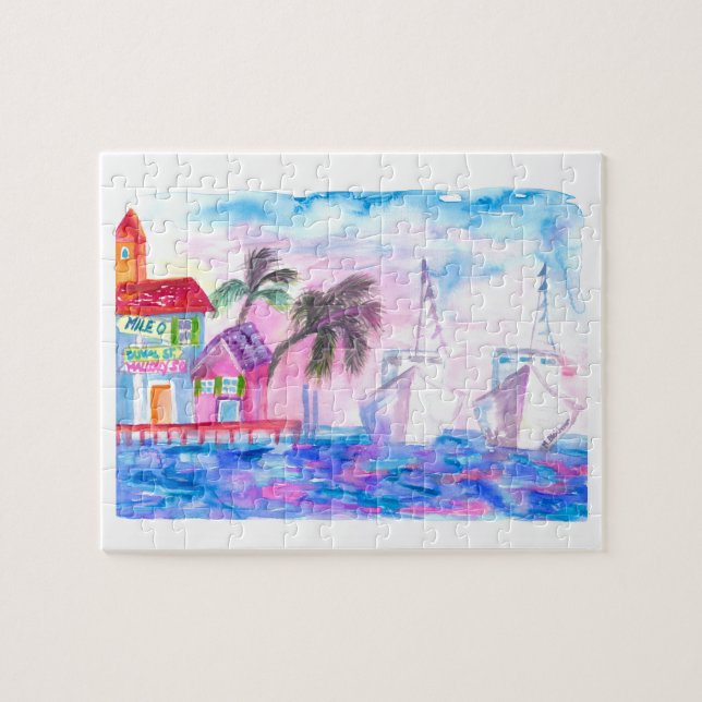 Nyckel hamn och fraktaser vid solnedgången pussel (Horisontell)