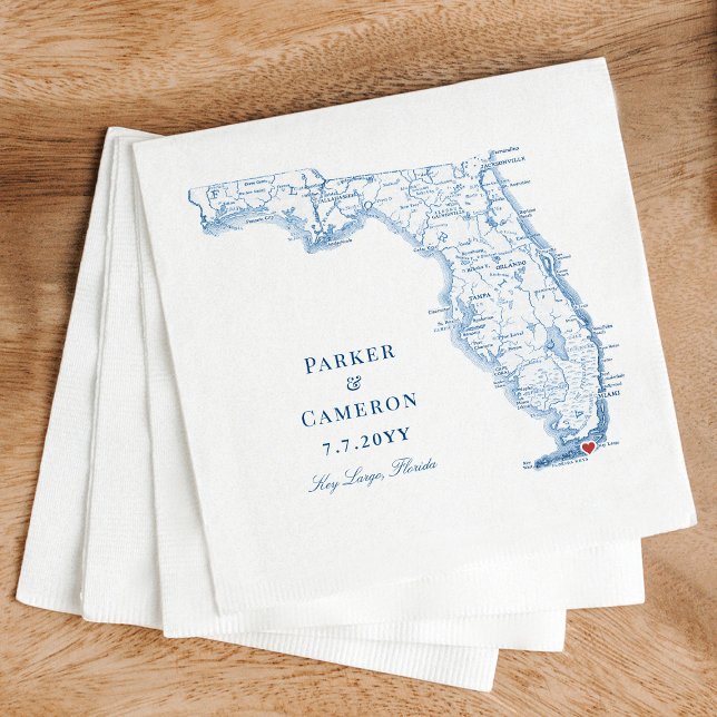 Nyckel Largo Florida Karta Elegant bröllop Pappersservett (These Key Largo Florida map wedding napkins add a touch of navy blue elegance to your reception)