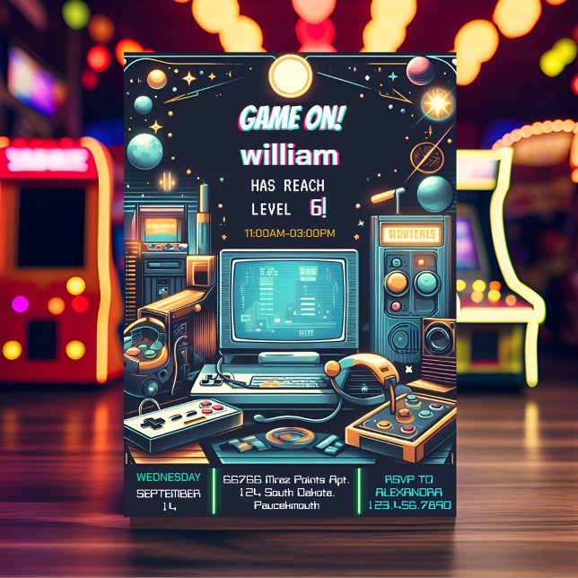 Nyckel Roligt Boy Coola Kids Gaming Level Up 6e Bi Inbjudningar (Skapare uppladdad)
