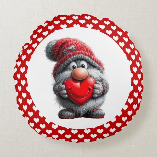 "Nyckel till mitt hjärta" Whimsical Gnome Rund Kudde (Framsidan)
