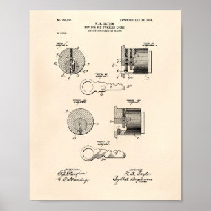 Nyckel Tumbler låser 1904 Patent Art Old Peper Poster
