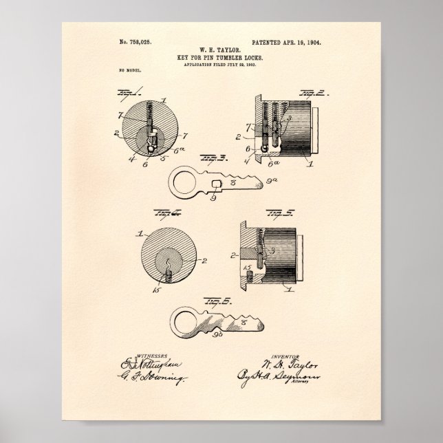 Nyckel Tumbler låser 1904 Patent Art Old Peper Poster (Framsidan)