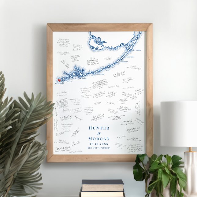 Nyckel Väster FL Bröllop Elegant Guest Bok Poster (Key West FL Map Wedding Alternative Guest Book Poster in Elegant Navy Blue from Coastal Map Designs)