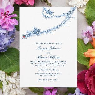 Nyckel Väster FL Karta Elegant flottan Blue Bröllo Inbjudningar