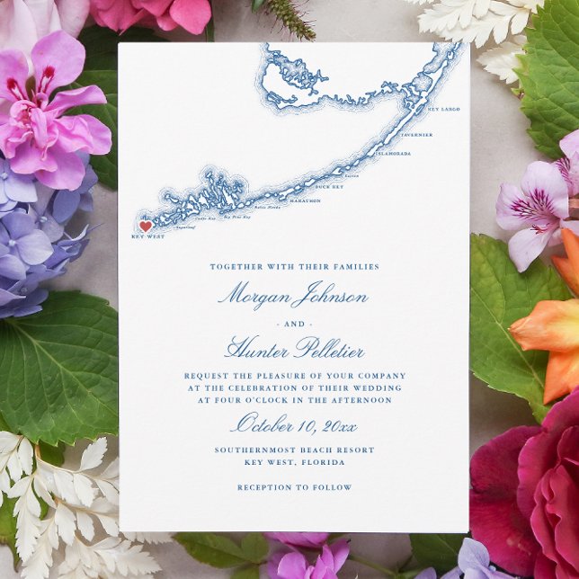 Nyckel Väster FL Karta Elegant flottan Blue Bröllo Inbjudningar (Key West FL Map Wedding Invitation for an elegant navy blue destination wedding. Coastal Map Designs)