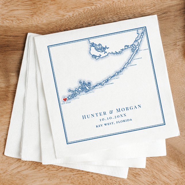 Nyckel Väster FL Karta Elegant flottan Blue Bröllo Pappersservett (Key West FL Map Wedding Napkins for an elegant navy blue destination wedding by Coastal Map Designs)