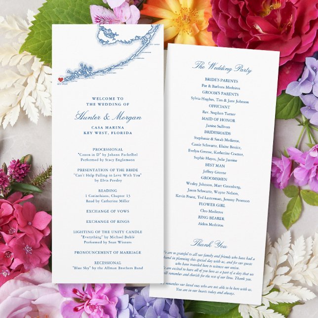 Nyckel Väster FL Karta Elegant flottan Blue Bröllo Program (Key West FL Map wedding program for an elegant navy blue destination wedding by Coastal Map Designs)