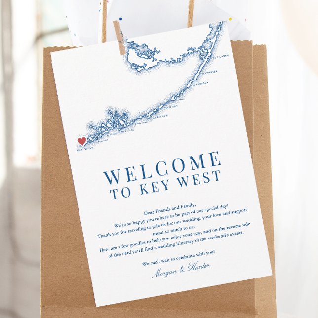 Nyckel Väster FL: Navy Blue Bröllop Välkomstland Tack Kort (Key West FL Map Wedding Welcome Letter Schedule of Events for an elegant navy blue wedding)