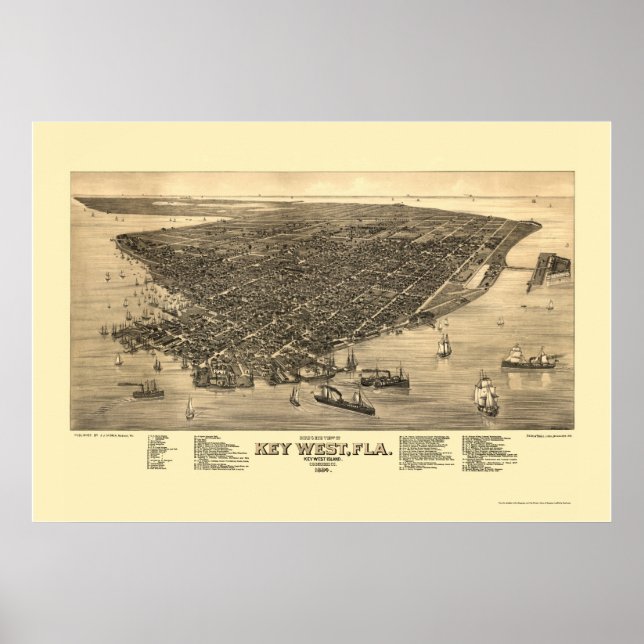 Nyckel Väster, FL Panoramic Karta - 1884 Poster (Framsidan)