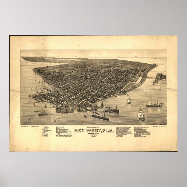 Nyckel Väster Florida 1884 Antique Panoramic Karta Poster (Framsidan)