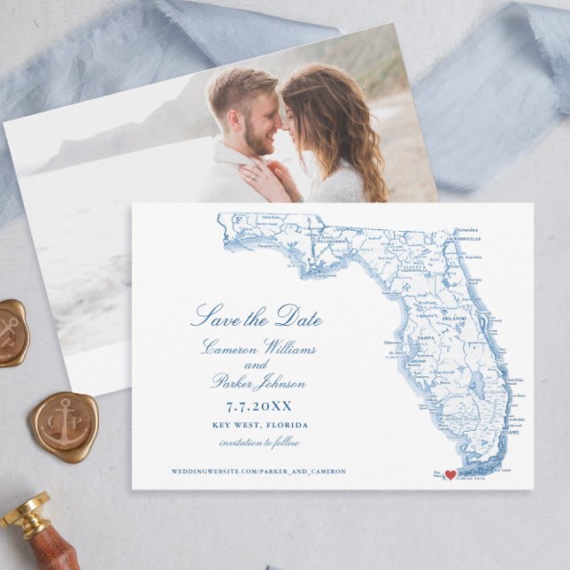 Nyckel Väster Florida Bröllop Elegant flottan Kart Spara Datumet (Elegant Key West Florida map Save the date in navy blue from Coastal Map Designs)