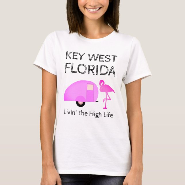 Nyckel Väster Florida Camping Theme Rosa Flamingo T Shirt (Framsida)