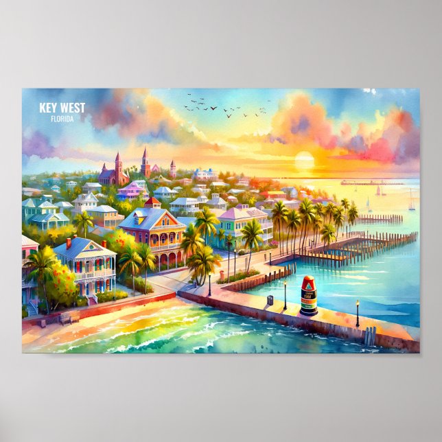 Nyckel Väster Florida USA Travel Ställe vattenfärg Poster (Framsidan)