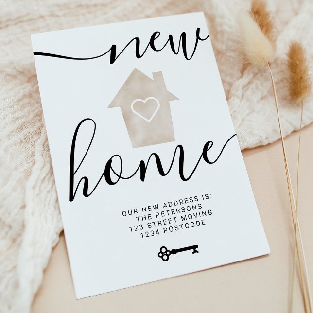 Nyckelhus beige minimalistiskt nytt hem hjärta fly meddelande vykort (Key house beige minimal new home heart moving announcement postcard)