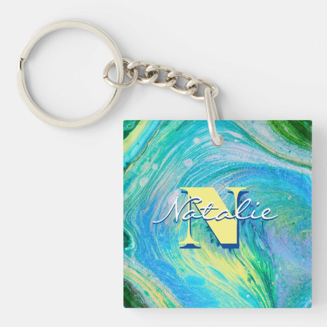 Nyckelkedja för Aqua Blue Acrylic Flow Art (Framsidan)