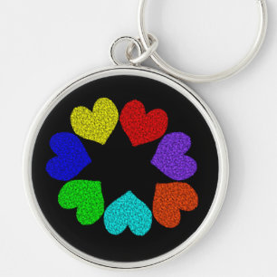 Nyckelkedja för blommigt Rainbow Kärlek Hearts Rund Silverfärgad Nyckelring