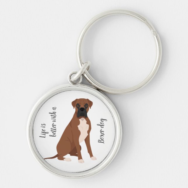 Nyckelkedja för Boxer-hund. Alla jackande färg, al Rund Silverfärgad Nyckelring (Framsidan)