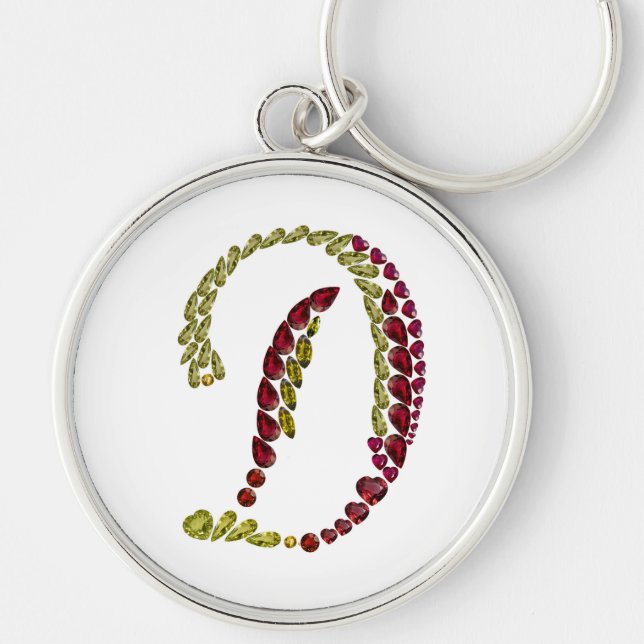 Nyckelkedja för brev D Gemstones Rund Silverfärgad Nyckelring (Framsidan)