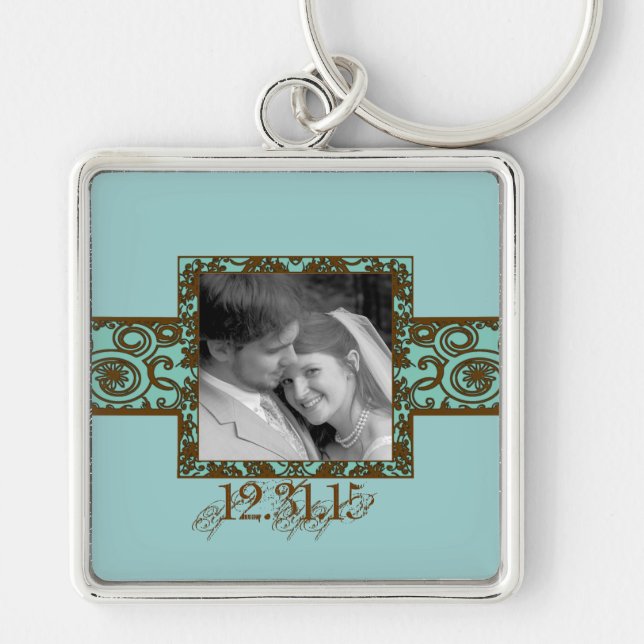 Nyckelkedja för Bröllop med snabb Blommigt Fyrkantig Silverfärgad Nyckelring (Framsidan)