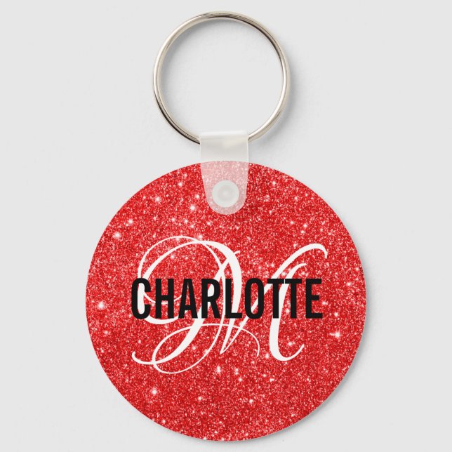Nyckelkedja för chic red glitter monogram namn nyckelring (Framsida)