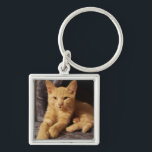 Nyckelkedja för Ginger Orange Tabby katt Fyrkantig Silverfärgad Nyckelring<br><div class="desc">Ginger-orange,  tabell efter kittnyckelkedja</div>