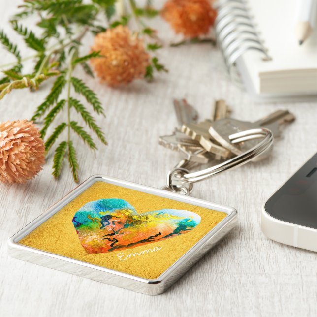 Nyckelkedja för graffiti-hjärtans gyllene vattenfä fyrkantig silverfärgad nyckelring (Sidan)