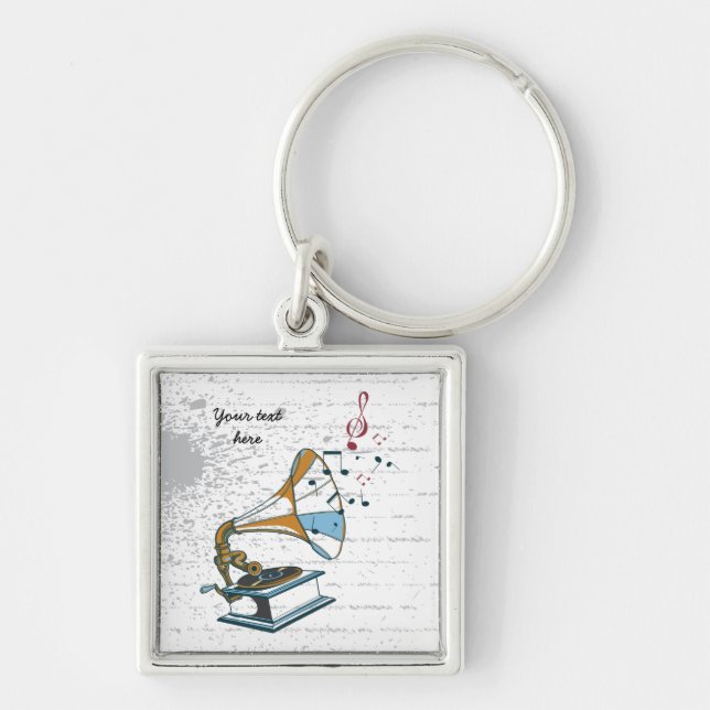 Nyckelkedja för Gramophone-återtro-anpassningsbar Fyrkantig Silverfärgad Nyckelring (Framsidan)
