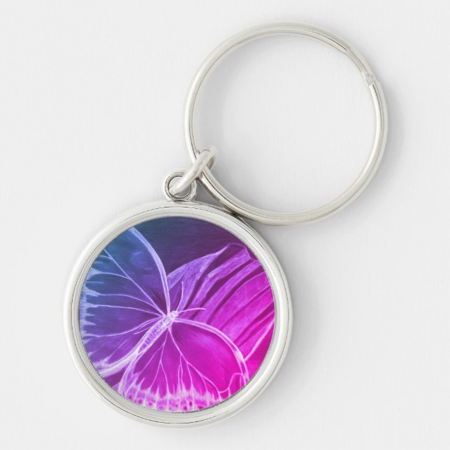 Nyckelkedja för lila Butterfly-knapp Rund Silverfärgad Nyckelring (Framsidan)