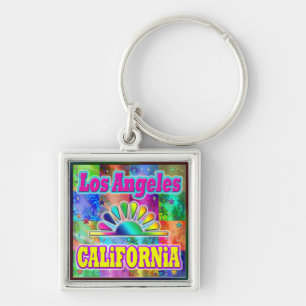 Nyckelkedja för Los Angeles CA Sol & Handflatan Fyrkantig Silverfärgad Nyckelring