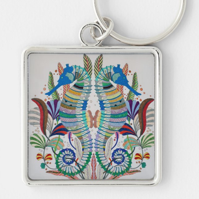 Nyckelkedja för majestisk sjöhäst fyrkantig silverfärgad nyckelring (Framsidan)