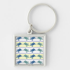 Nyckelkedja för många blå sköldpaddor fyrkantig silverfärgad nyckelring