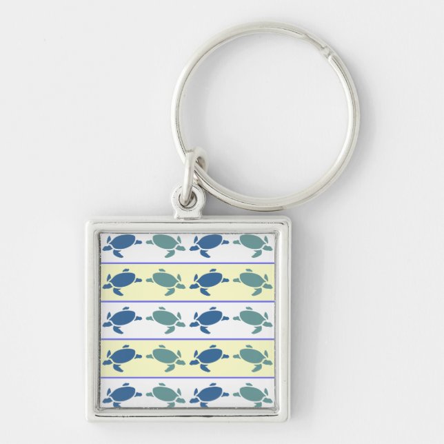 Nyckelkedja för många blå sköldpaddor fyrkantig silverfärgad nyckelring (Framsidan)