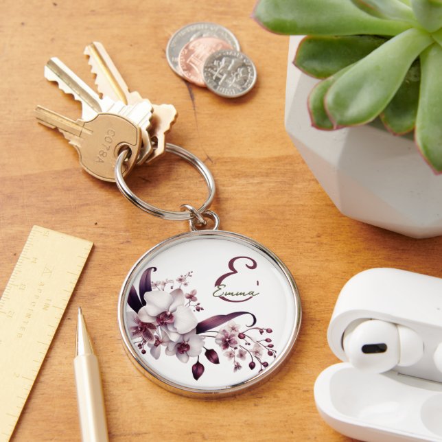 Nyckelkedja för Monogram-Blommigt för elegant Rund Silverfärgad Nyckelring (Skrivbord)